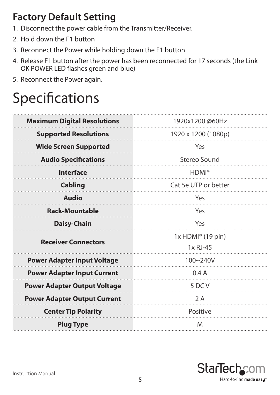 Specifications, Factory default setting | StarTech.com ST12MHDLANRX User Manual | Page 8 / 10