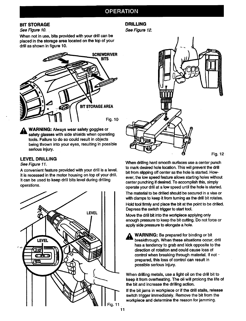 Bit storage, Drilling, Level drilling | Operation | Craftsman 973.2748.70 User Manual | Page 11 / 16