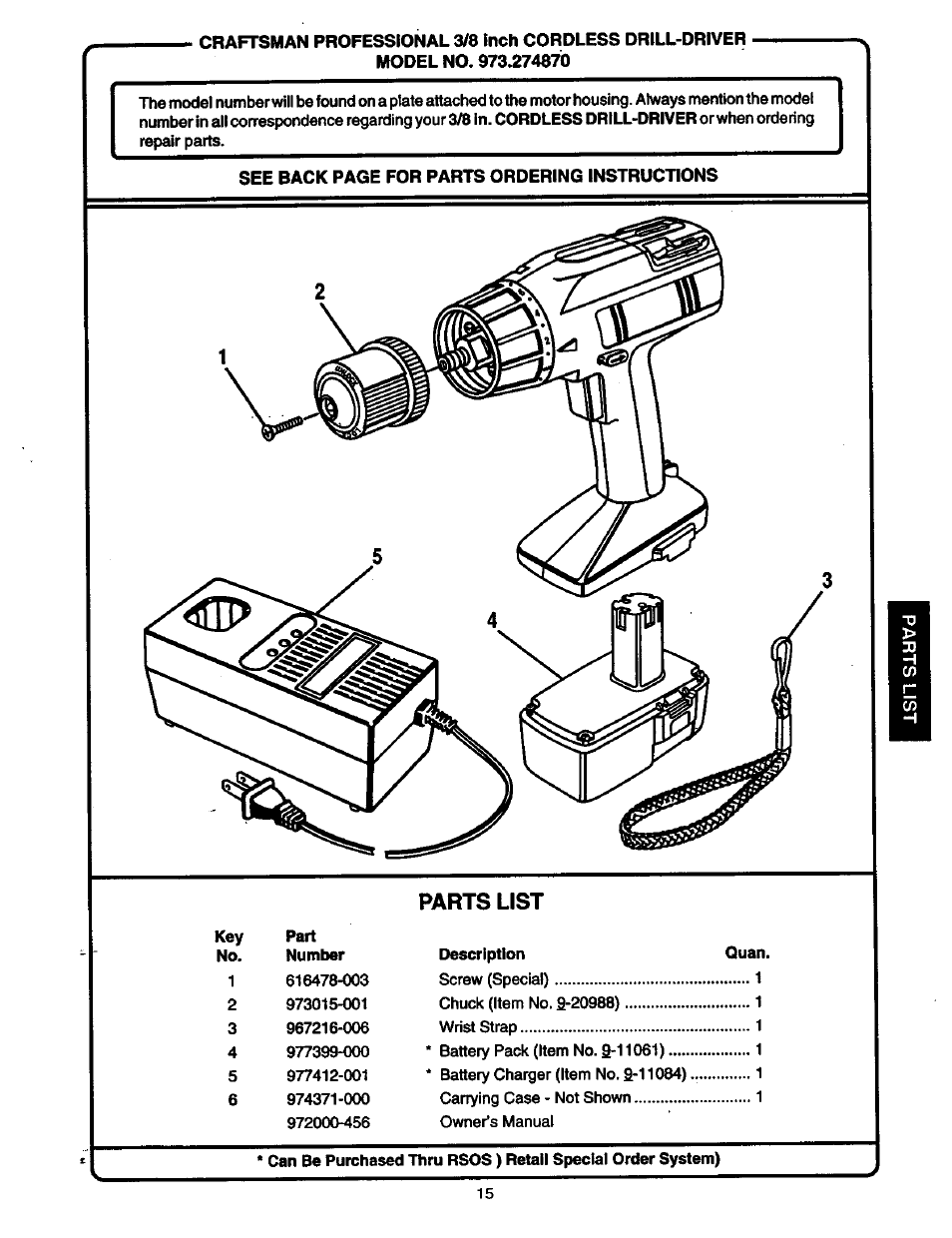 Parts list | Craftsman 973.2748.70 User Manual | Page 15 / 16