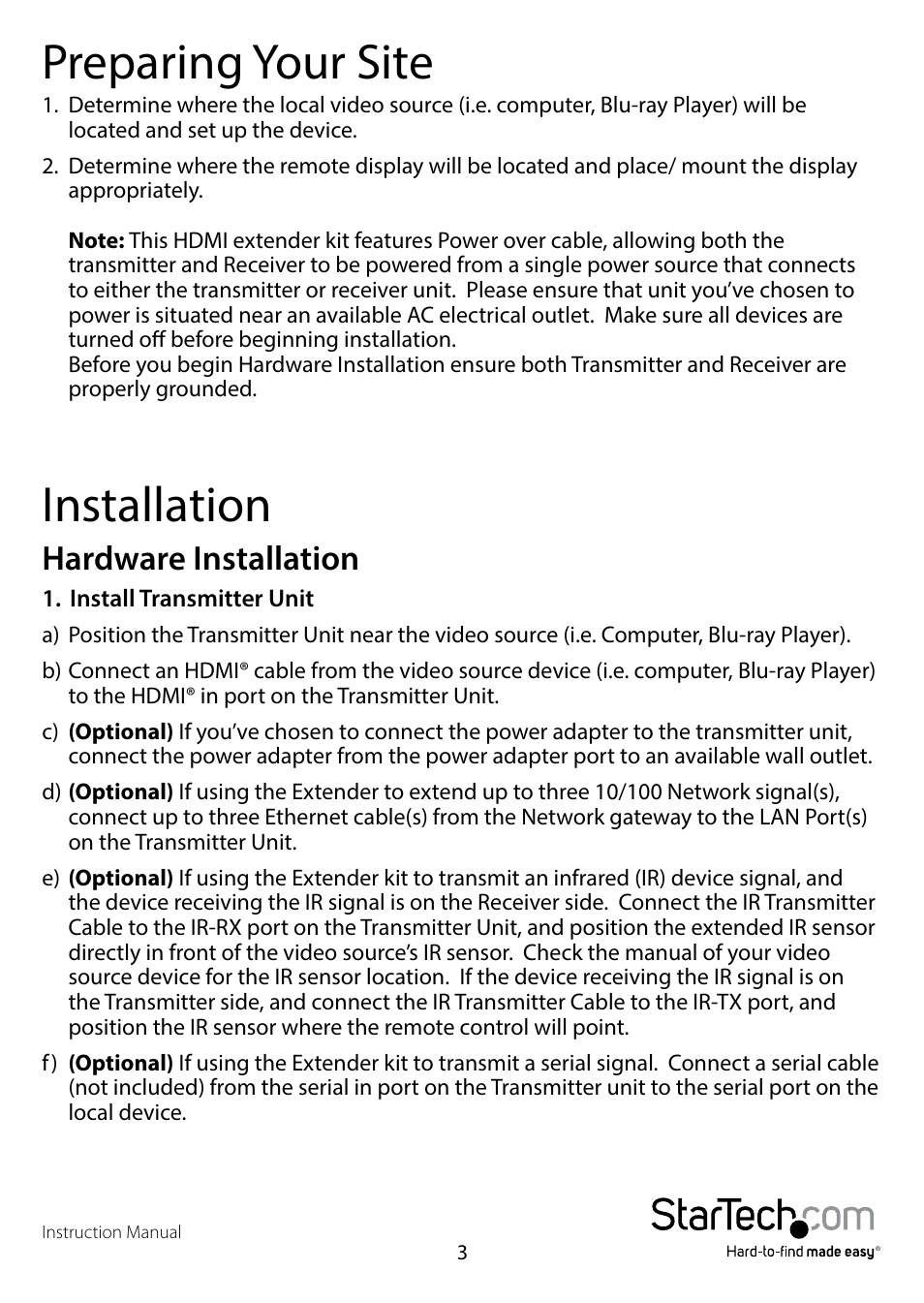 Preparing your site, Installation, Hardware installation | StarTech.com ST121HDBT5 User Manual | Page 6 / 10