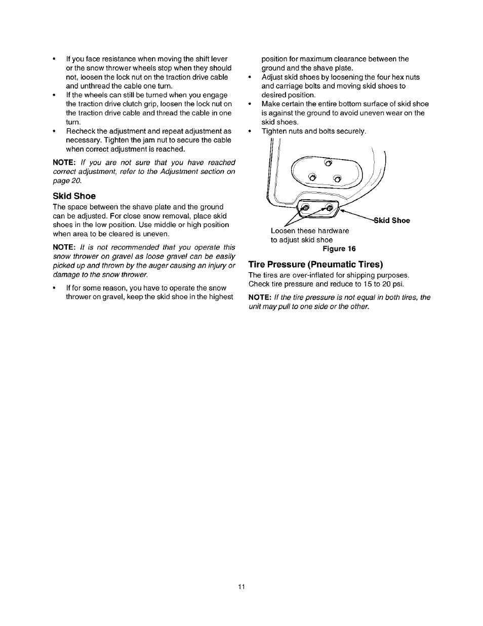 Skid shoe, Tire pressure (pneumatic tires) | Craftsman 247.888530 User Manual | Page 11 / 64