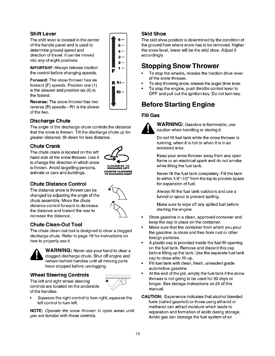 Shift lever, Discharge chute, Chute crank | Chute distance control, Chute clean-out tool, Wheel steering controls z, Skid shoe, Stopping snow thrower, Before starting engine, Fill gas | Craftsman 247.888530 User Manual | Page 13 / 64