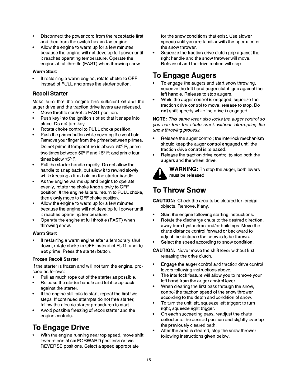 Recoil starter, To engage drive, To engage augers | To throw snow | Craftsman 247.888530 User Manual | Page 15 / 64