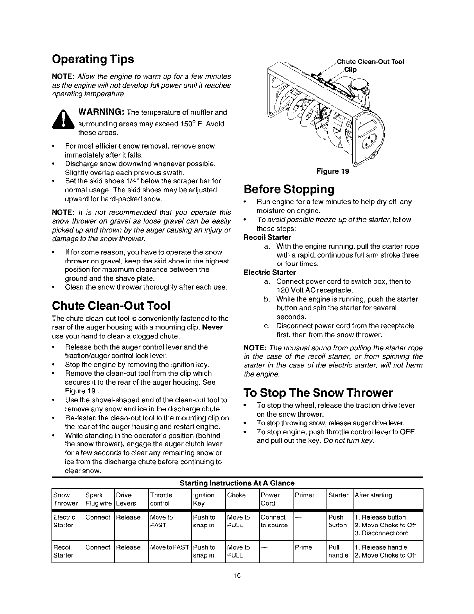 Operating tips, Chute clean-out tool, Before stopping | To stop the snow thrower | Craftsman 247.888530 User Manual | Page 16 / 64