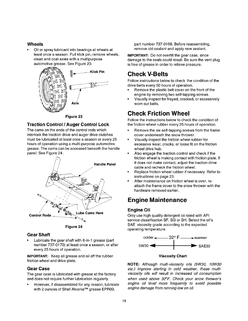 Wheels, Traction control / auger control lock, Gear shaft | Gear case, Check v-belts, Check friction wheel, Engine maintenance, Engine oil | Craftsman 247.888530 User Manual | Page 18 / 64