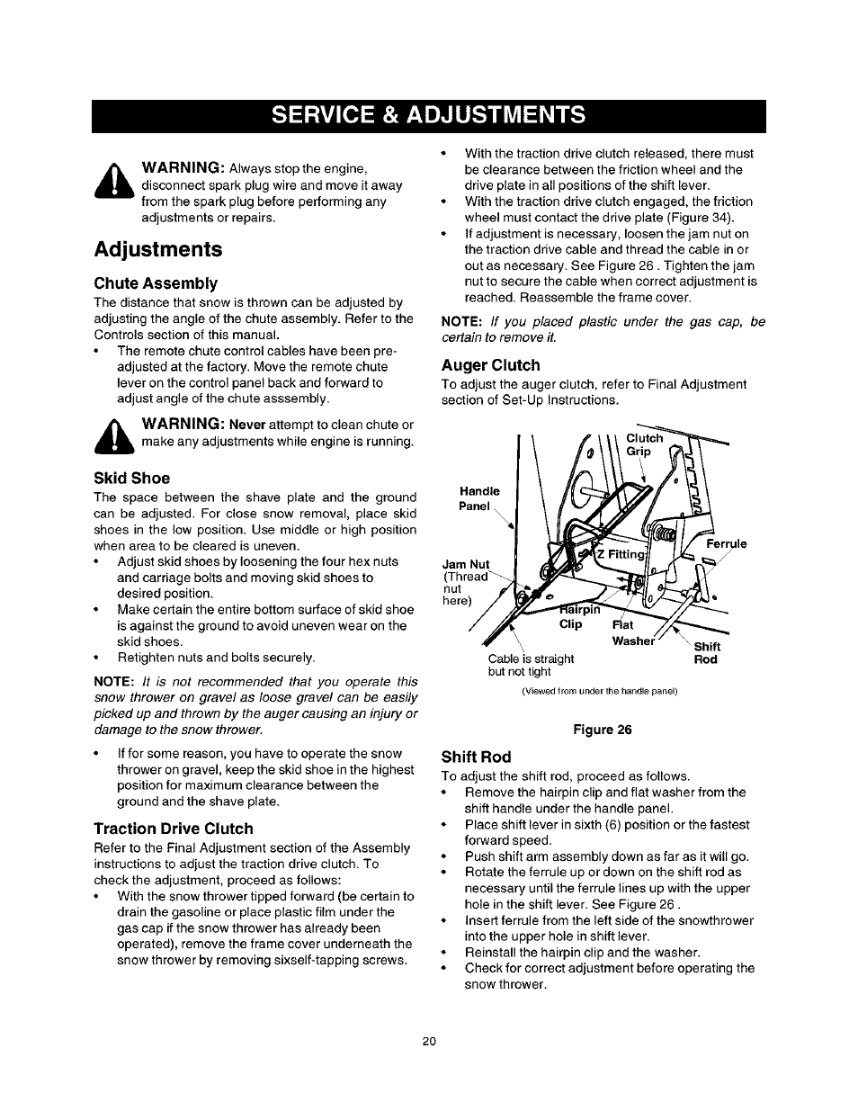 Service & adjustments, Adjustments, Chute assembly | Skid shoe, Traction drive ciutch, Auger clutch, Shift rod, Service & adjustment | Craftsman 247.888530 User Manual | Page 20 / 64