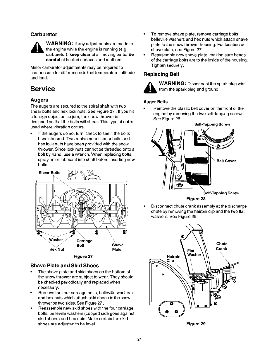 Carburetor, Service, Augers | Shave plate and skid shoes, Replacing belt | Craftsman 247.888530 User Manual | Page 21 / 64