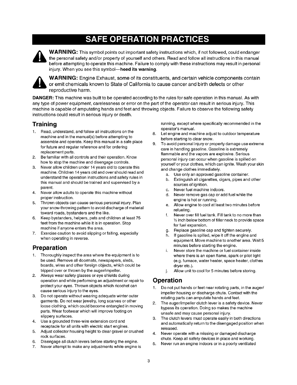 Safe operation practices, Training, Preparation | Operation | Craftsman 247.888530 User Manual | Page 3 / 64