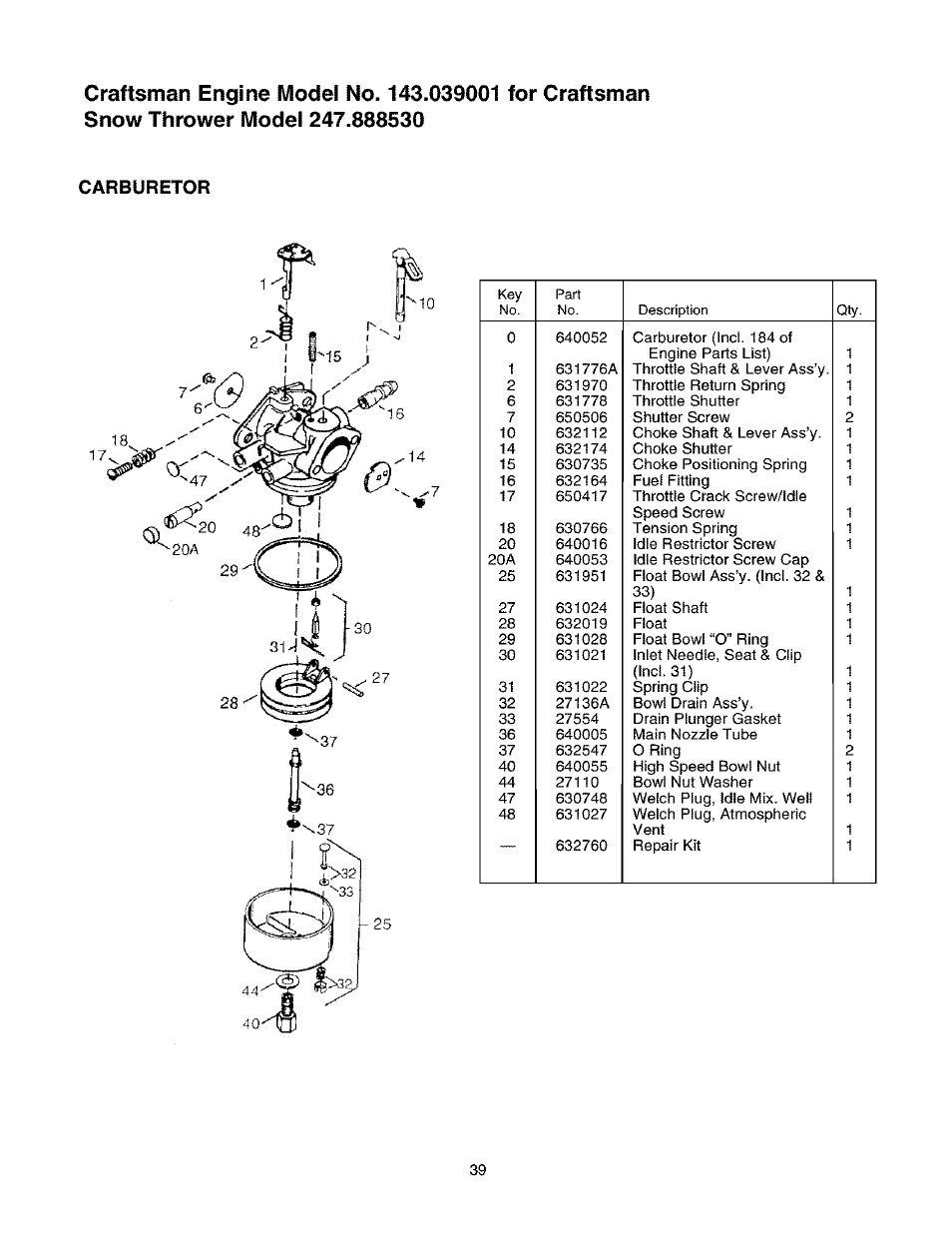 Carburetor | Craftsman 247.888530 User Manual | Page 39 / 64