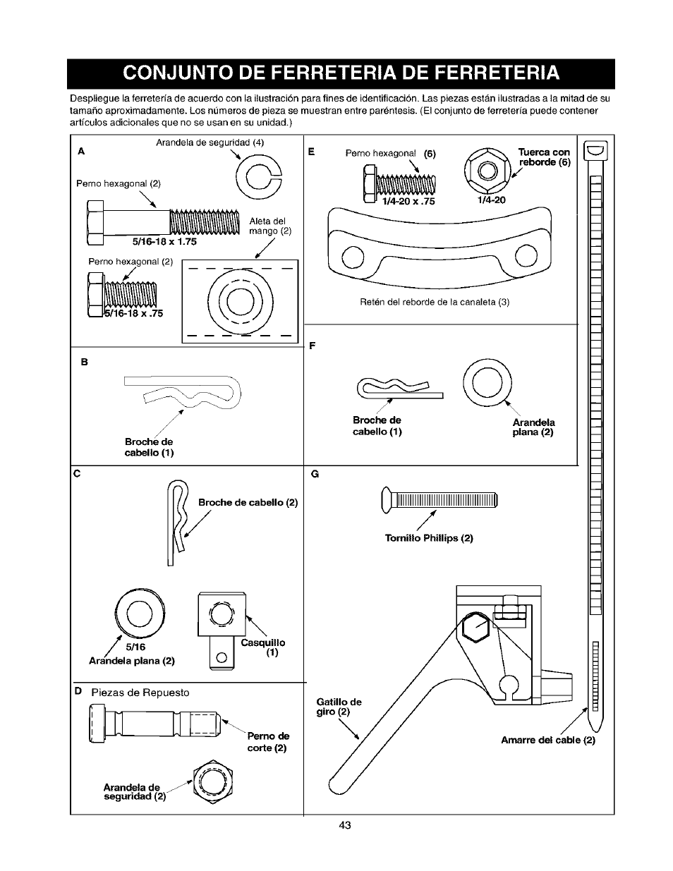 Conjunto de ferreteria de ferreteria | Craftsman 247.888530 User Manual | Page 43 / 64