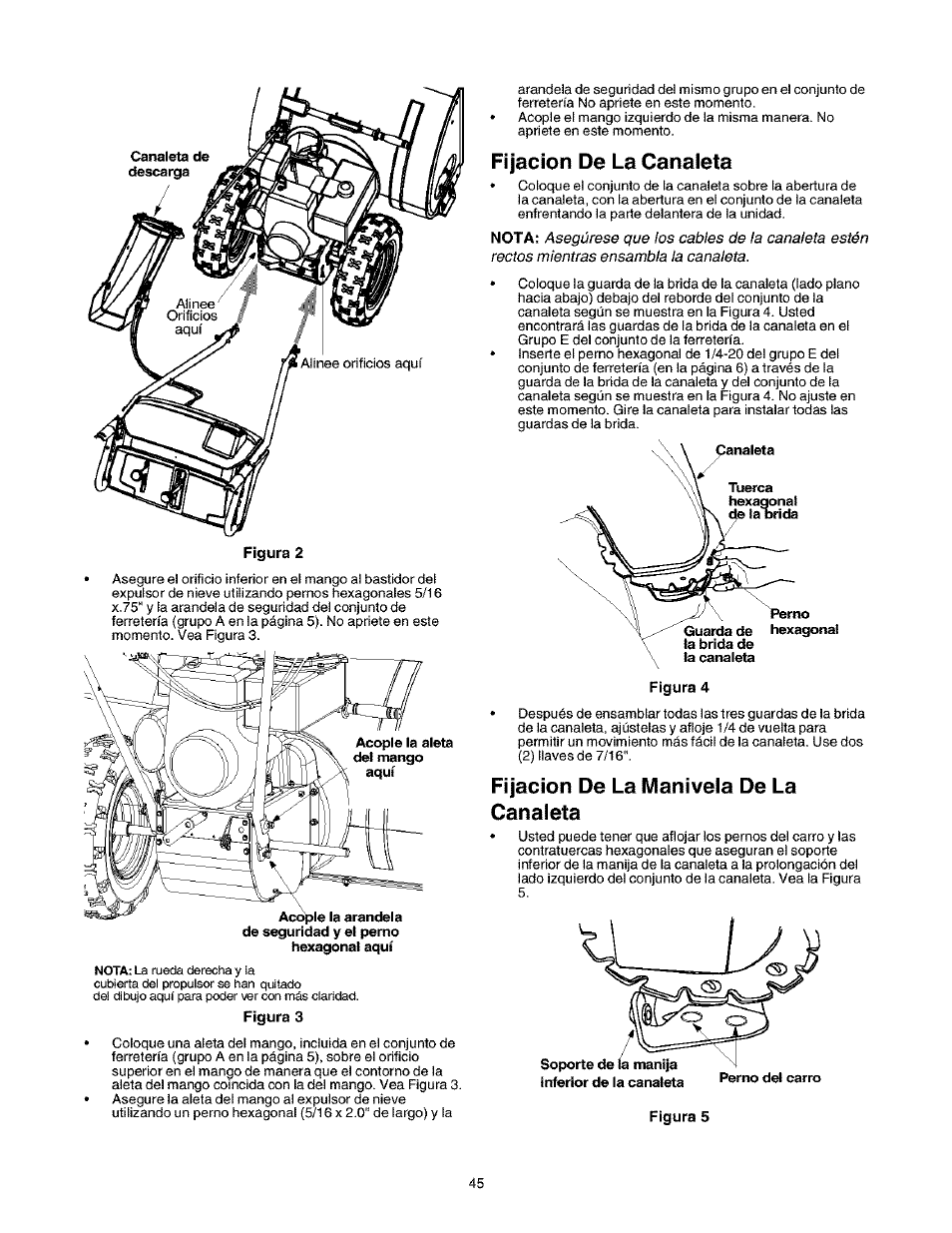 Fijación de la canaieta, Fijación de la maniveia de la canaieta | Craftsman 247.888530 User Manual | Page 45 / 64