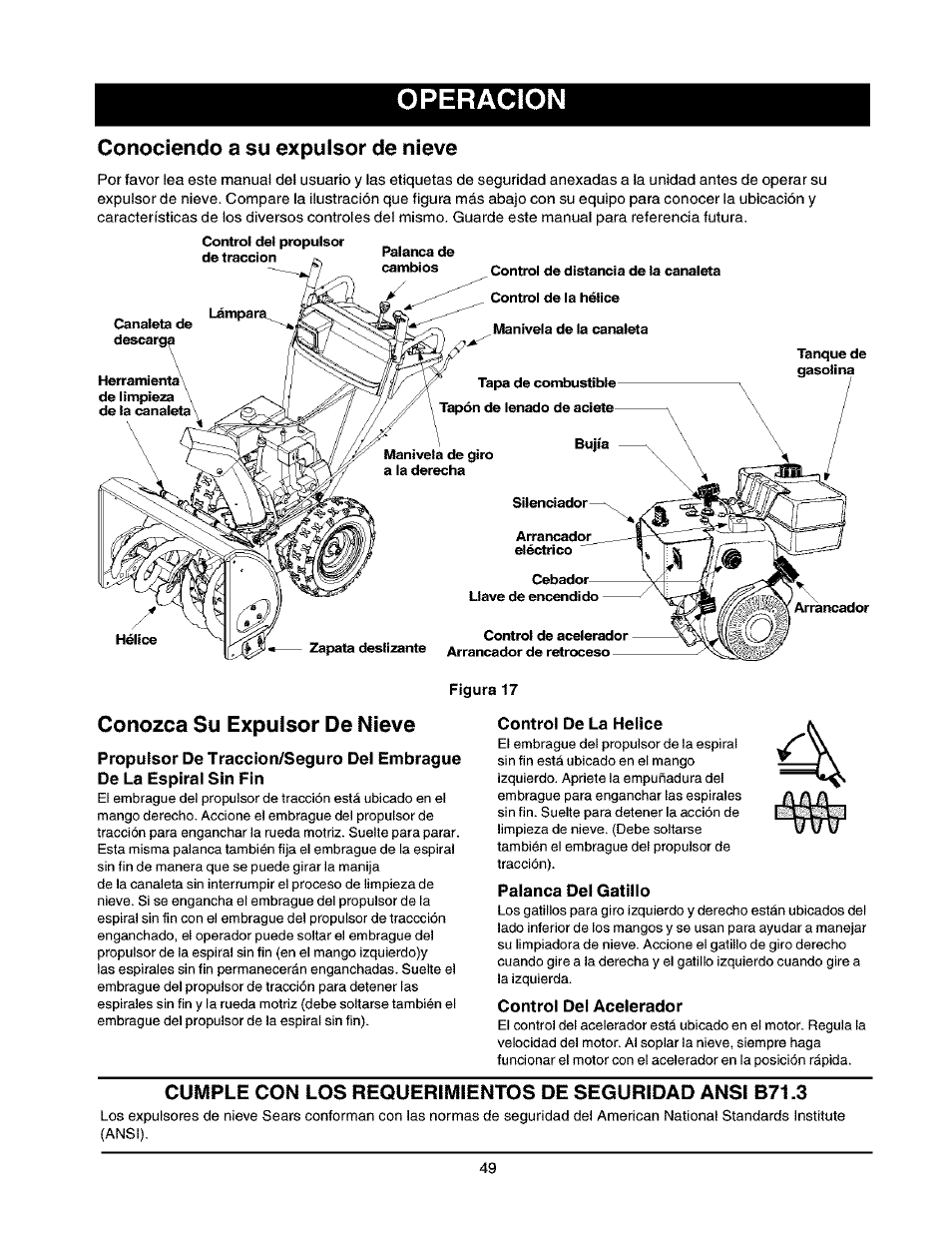 Operacion, Conociendo a su expulsor de nieve, Conozca su expulsor de nieve | Control de la helice, Palanca del gatillo, Control del acelerador | Craftsman 247.888530 User Manual | Page 49 / 64