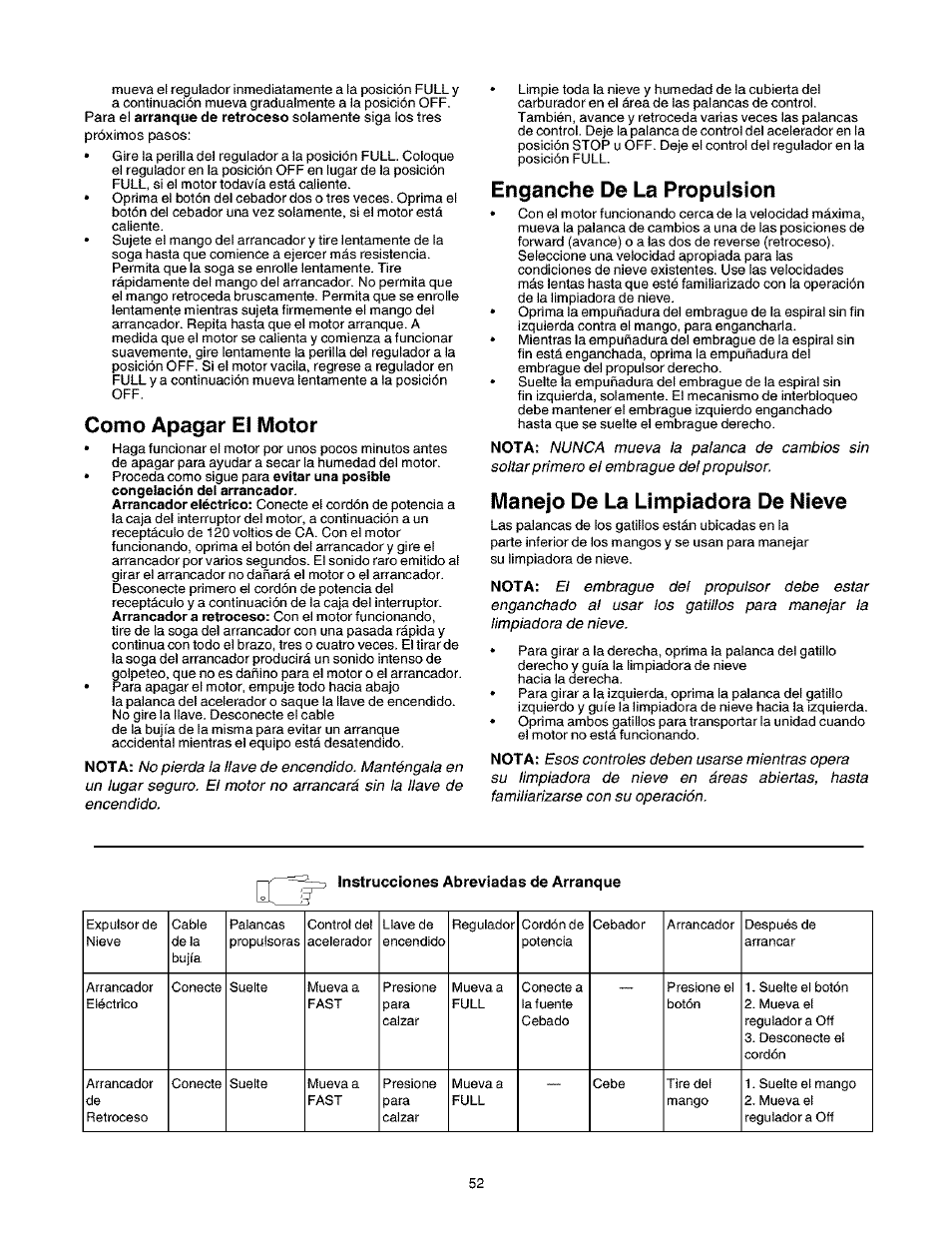 Como apagar el motor, Enganche de la propulsión, Manejo de la limpiadora de nieve | Craftsman 247.888530 User Manual | Page 52 / 64