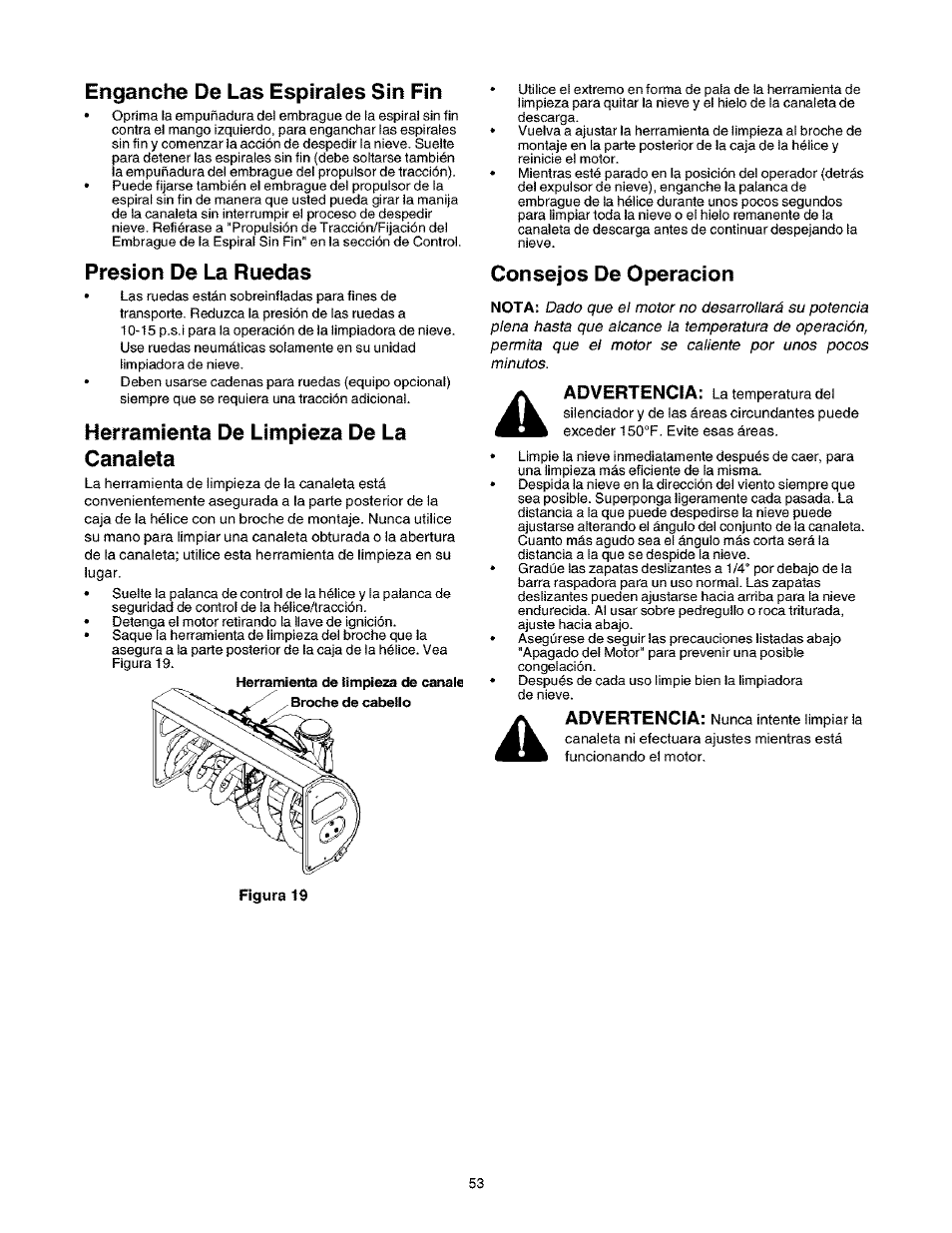 Enganche de las espírales sin fin, Presión de la ruedas, Herramienta de limpieza de la canaieta | Consejos de operación | Craftsman 247.888530 User Manual | Page 53 / 64