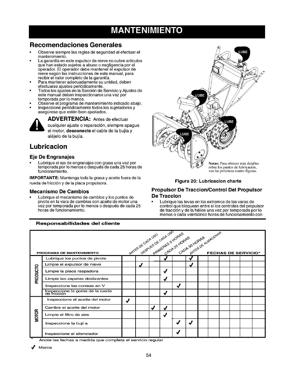 Mantenimiento, Recomendaciones generales, Lubricación | Eje de engranajes, Mecanismo de cambios, Figura 20: lubricación charte, Propulsor de traccion/controi del propulsor, De tracción | Craftsman 247.888530 User Manual | Page 54 / 64