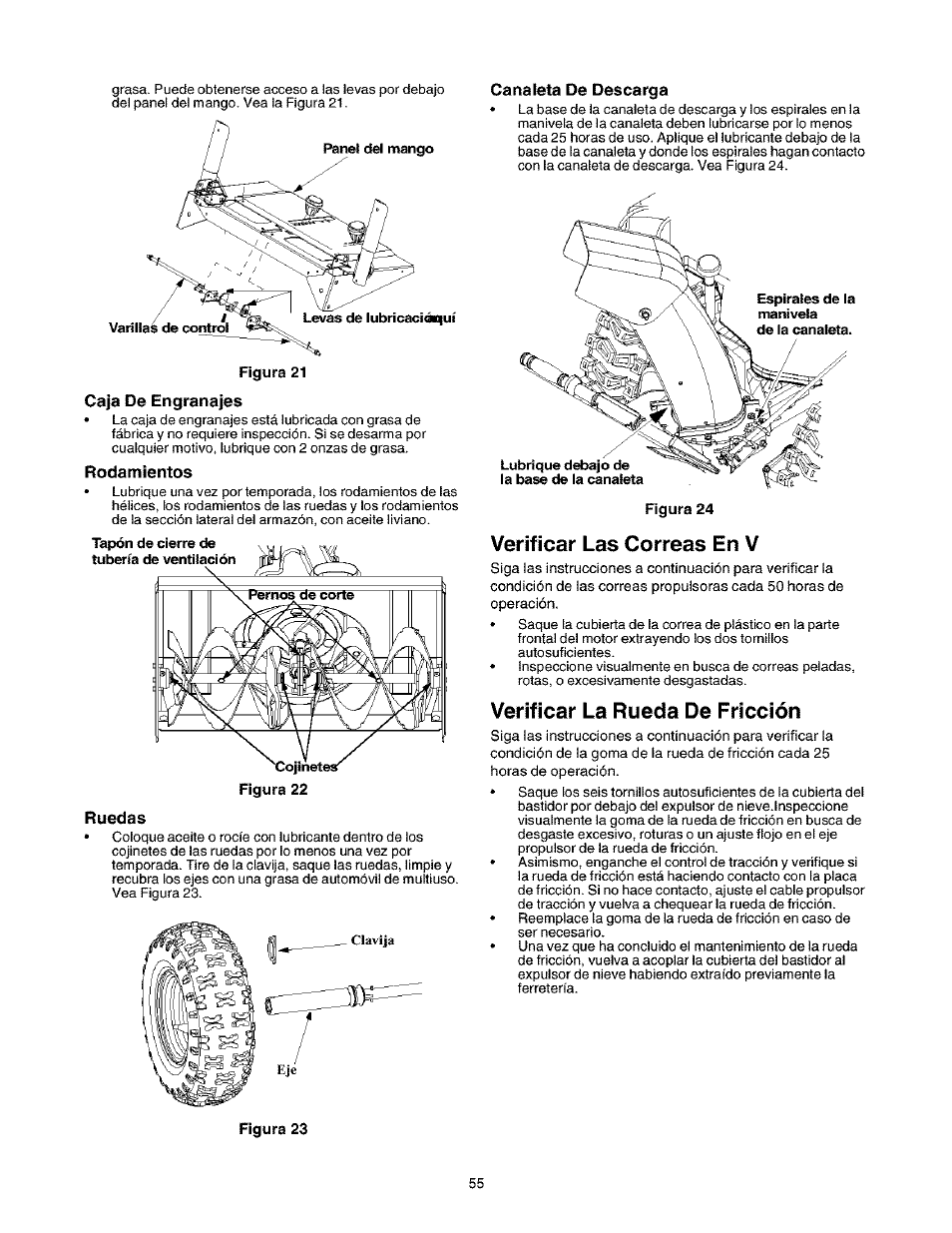 Caja de engranajes, Rodamientos, Ruedas | Canaleta de descarga, Verificar las correas en v, Verificar la rueda de fricción | Craftsman 247.888530 User Manual | Page 55 / 64