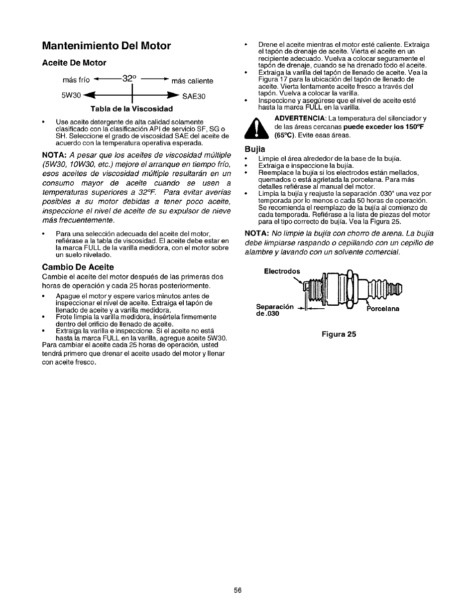 Mantenimiento dei motor, Aceite de motor, Cambio de aceite | Bujía | Craftsman 247.888530 User Manual | Page 56 / 64