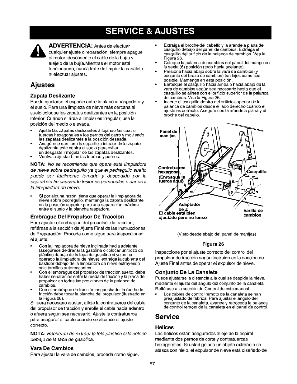 Service & ajustes, Ajustes, Zapata deslizante | Embrague del propulsor de tracción, Vara de cambios, Conjunto de la canaleta, Service, Helices | Craftsman 247.888530 User Manual | Page 57 / 64