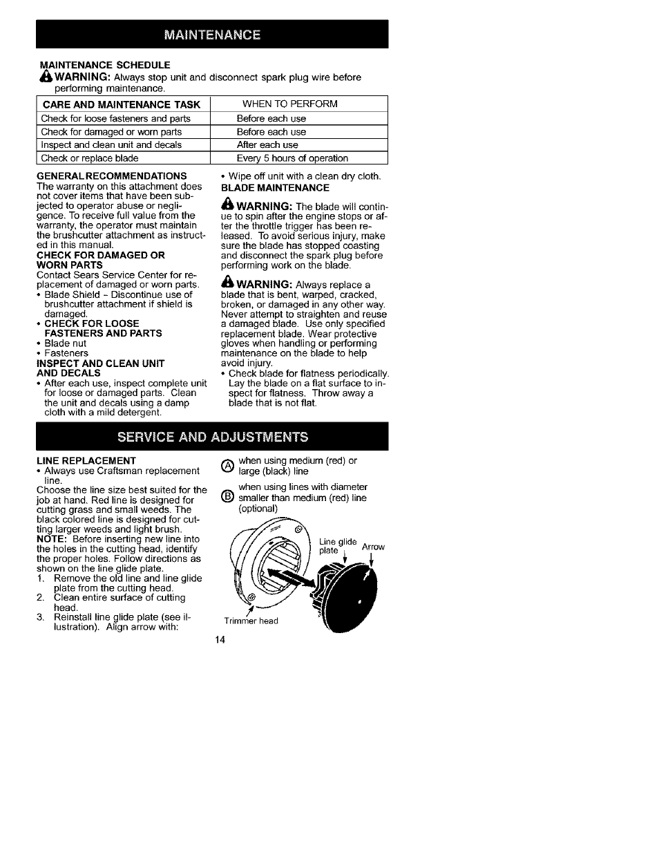 Service and adjustments | Craftsman 358.792441 User Manual | Page 14 / 31