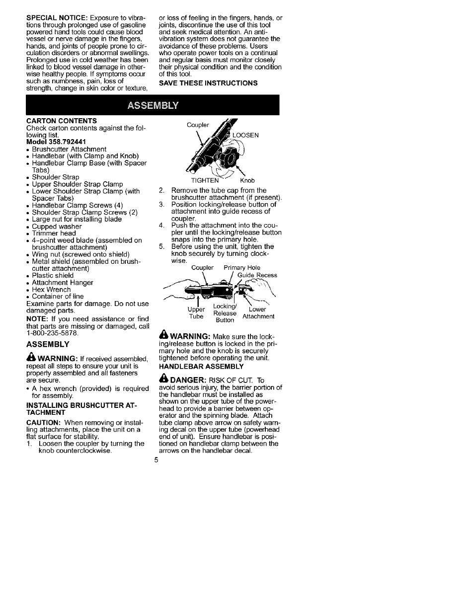 Assembly | Craftsman 358.792441 User Manual | Page 5 / 31