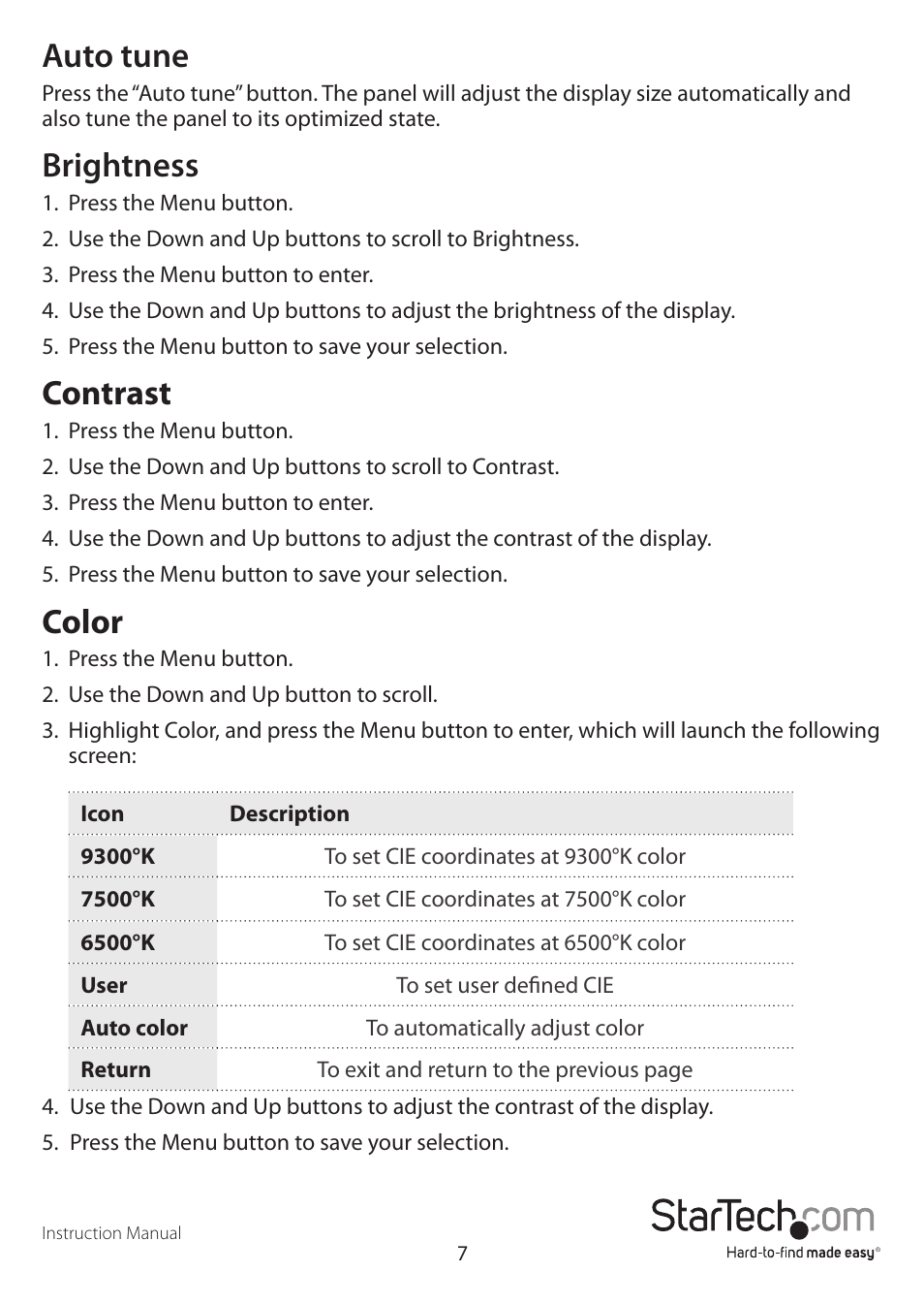 Auto tune, Brightness, Contrast | Color | StarTech.com RACKCONS2001 User Manual | Page 10 / 16