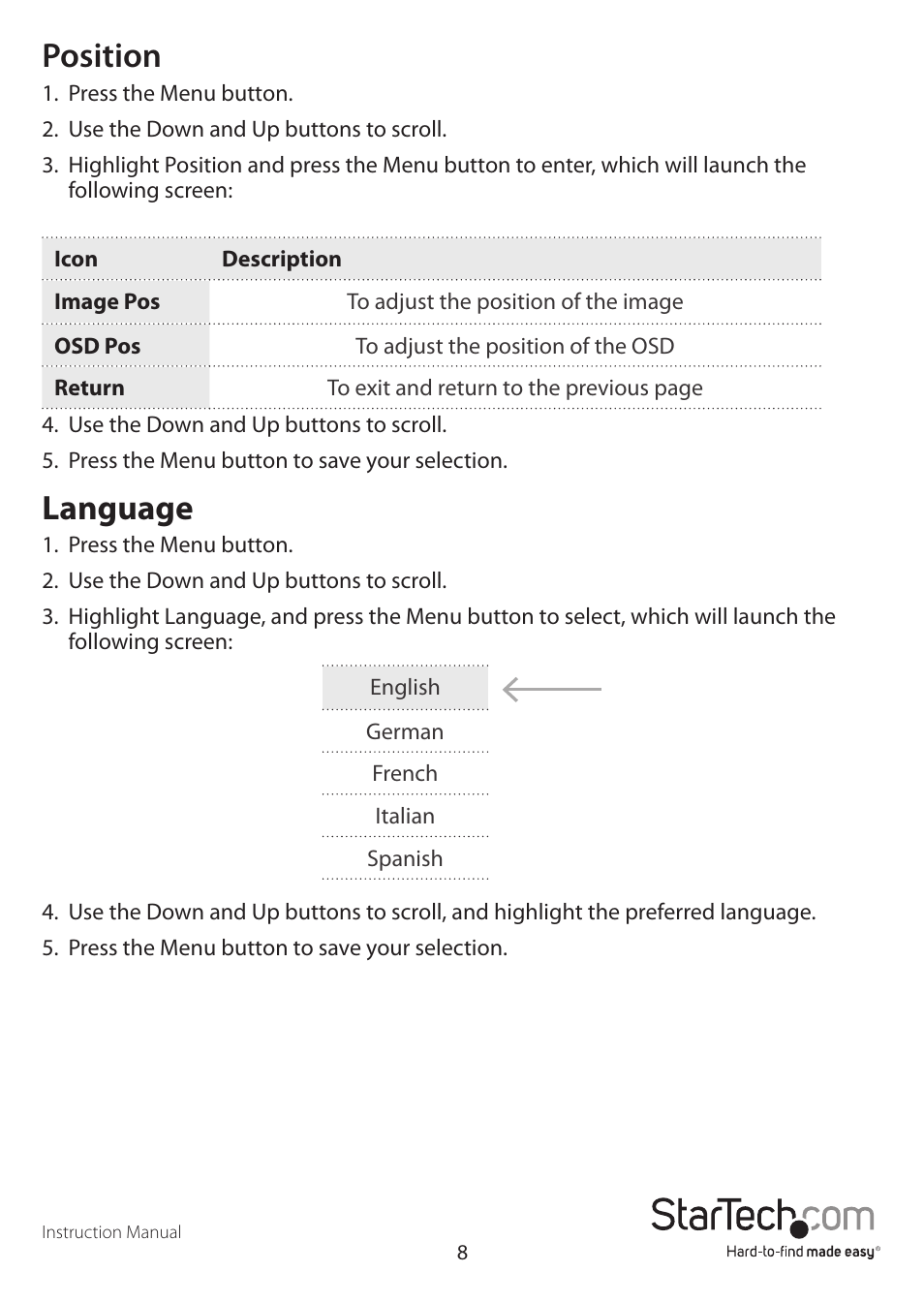 Position, Language | StarTech.com RACKCONS2001 User Manual | Page 11 / 16