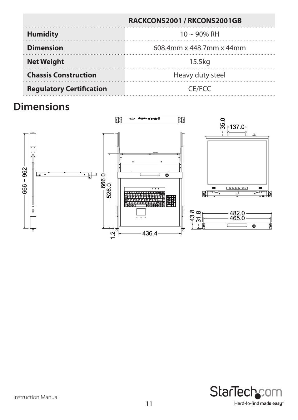 Dimensions | StarTech.com RACKCONS2001 User Manual | Page 14 / 16