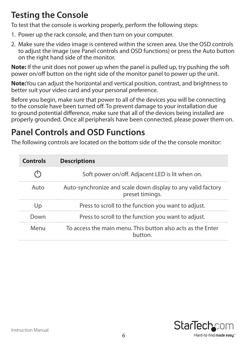 Testing the console, Panel controls and osd functions | StarTech.com RACKCONS2001 User Manual | Page 9 / 16