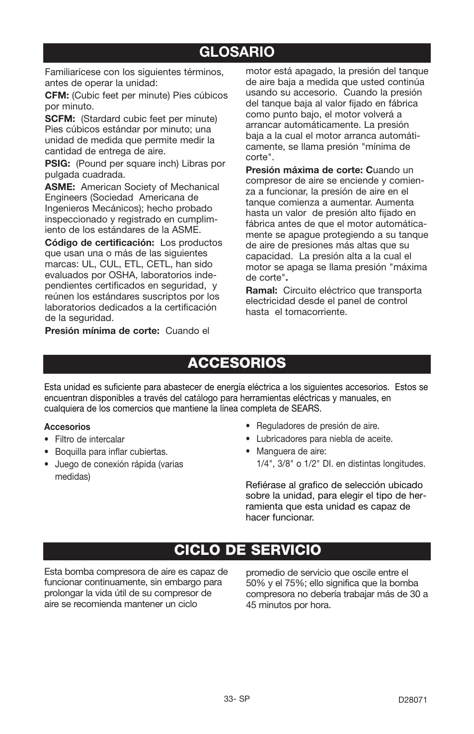 Glosario ciclo de servicio, Accesorios | Craftsman 919.167461 User Manual | Page 29 / 44