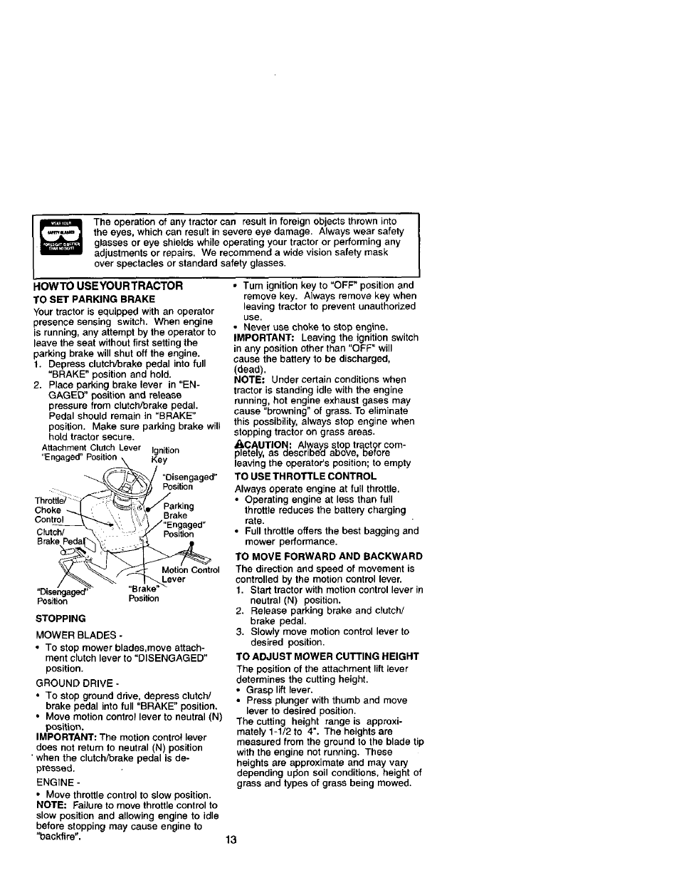 To move forward and backward, To adjust mower cutting height | Craftsman 917.271641 User Manual | Page 13 / 60