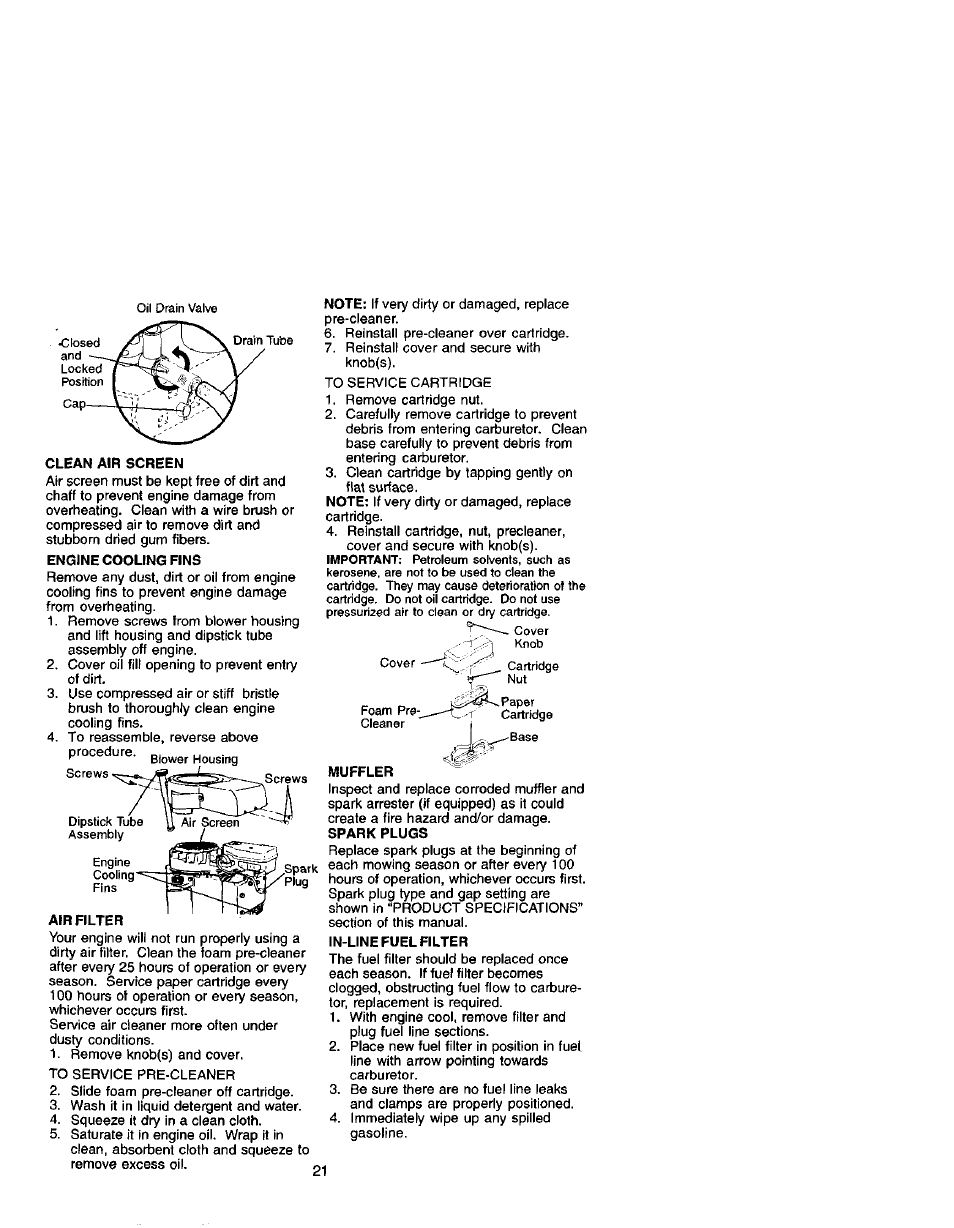 Clean air screen, Engine cooling fins, Air filter | Muffler, In-line fuel filter | Craftsman 917.271641 User Manual | Page 21 / 60