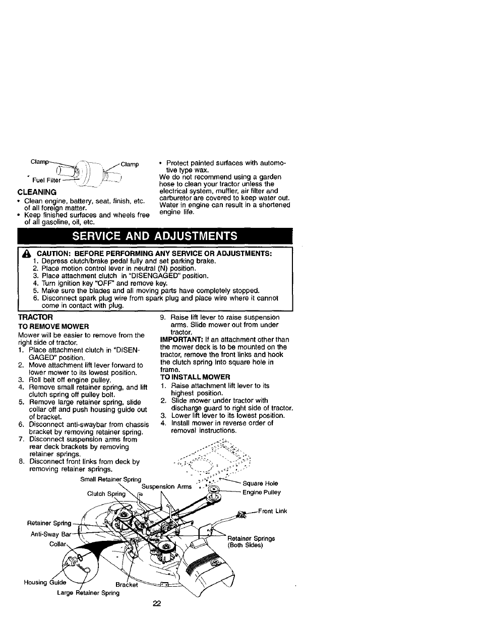 Service and adjustments, To remove mower, To install mower | Craftsman 917.271641 User Manual | Page 22 / 60