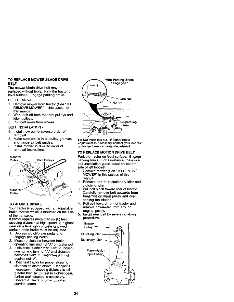 To replace mower blade drive, Belt, To replace motion drive belt | Craftsman 917.271641 User Manual | Page 24 / 60