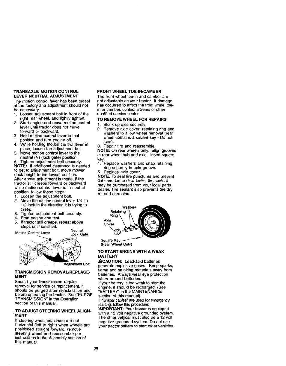 Transaxle motion control lever neutral adjustment, Front wheel toe-in/camber, To remove wheel for repairs | Transmission removaureplace- ment, To adjust steering wheel alignment, To start engine with a weak battery | Craftsman 917.271641 User Manual | Page 25 / 60