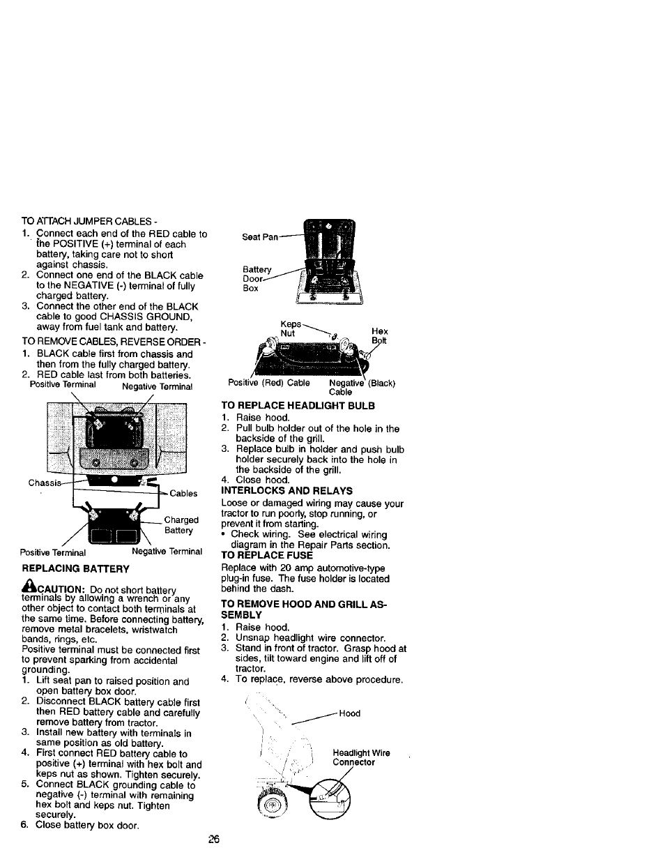 Replacing battery, To replace headlight bulb, Interlocks and relays | To remove hood and grill assembly | Craftsman 917.271641 User Manual | Page 26 / 60