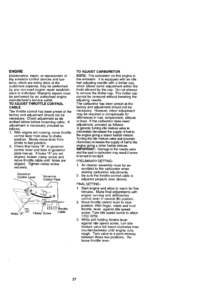 To adjust throttle control cable | Craftsman 917.271641 User Manual | Page 27 / 60