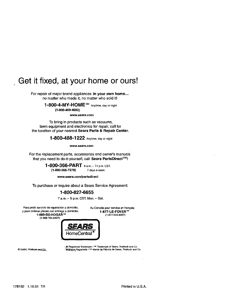 Homecentral, Get it fixed, at your home or ours | Craftsman 917.271641 User Manual | Page 60 / 60