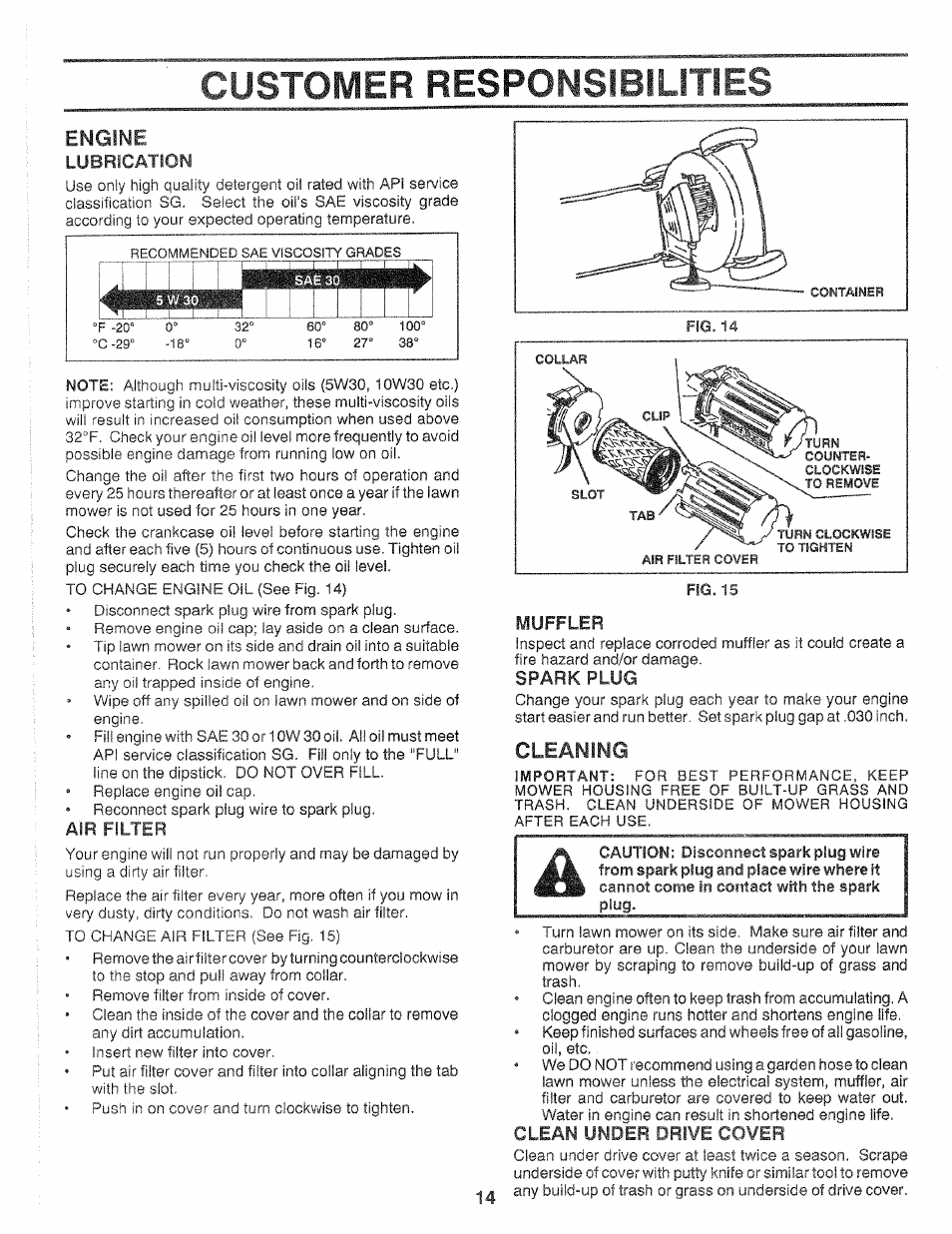 Lubrication, Muffler, Spark plug | Customer responsibilities, Engine, Cleaning, Clean under drive cover | Craftsman 917.372480 User Manual | Page 14 / 28