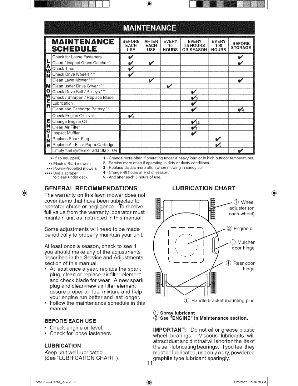 Maintenance, Before each use, Lubrication | Lubrication chart, Maintenance schedule, General recommendations, Lubrication chart 11 | Craftsman 917.388111 User Manual | Page 11 / 44