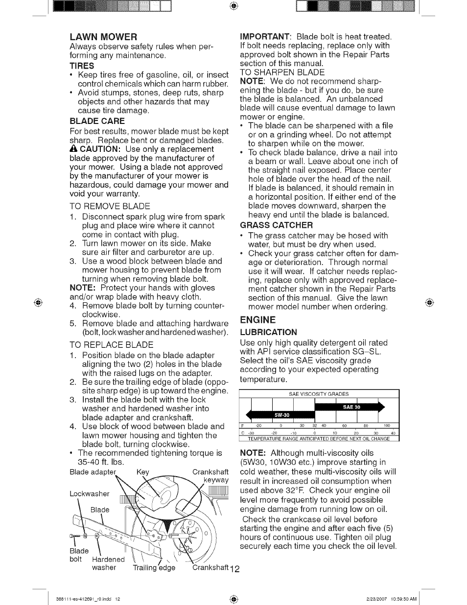 Blade care, Engine, Lubrication | Craftsman 917.388111 User Manual | Page 12 / 44