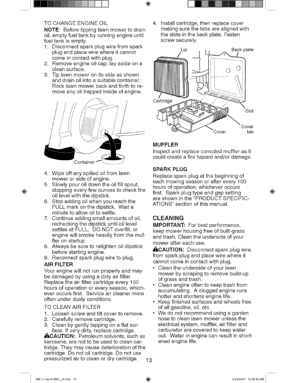 Air filter, Muffler, Spark plug | Cleaning | Craftsman 917.388111 User Manual | Page 13 / 44
