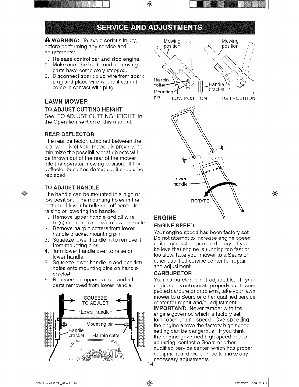 Service and adjustments, Lawn mower to adjust cutting height, Rear deflector | To adjust handle | Craftsman 917.388111 User Manual | Page 14 / 44