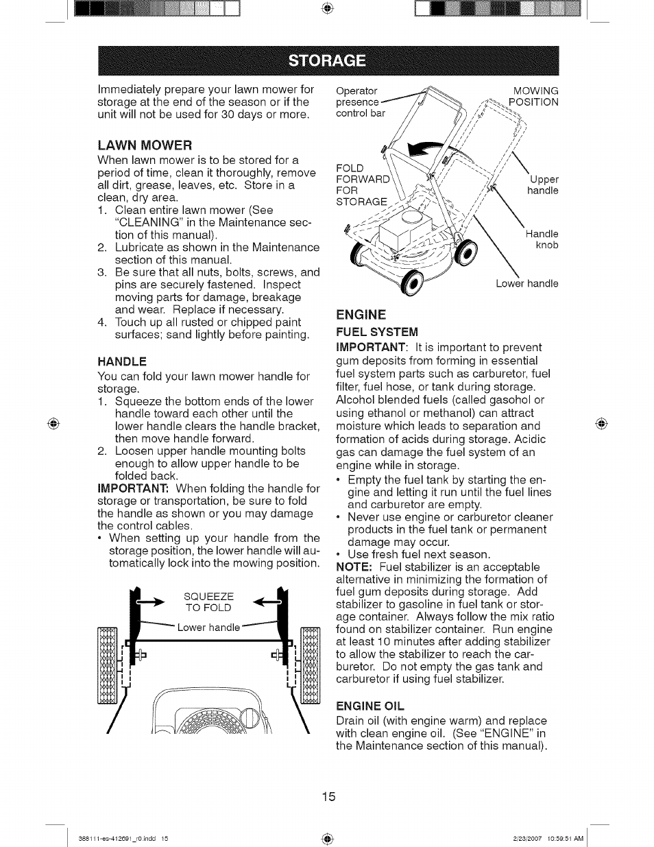 Storage, Lawn mower, Handle | Craftsman 917.388111 User Manual | Page 15 / 44