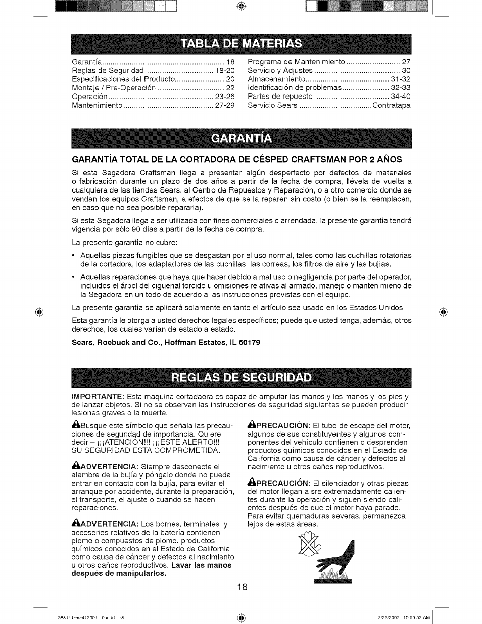 Tabla de materias, Sears, roebuck and co., hoffman estafes, il 60179, Reglas de seguridad | Craftsman 917.388111 User Manual | Page 18 / 44