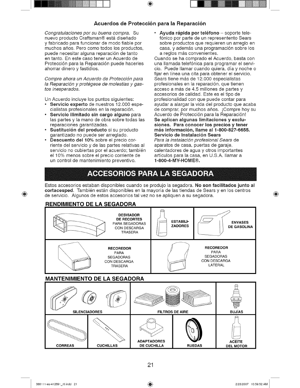 Acuerdos de protección para la reparación, Accesorios para la segadora, Rendimiento de la segadora | Craftsman 917.388111 User Manual | Page 21 / 44