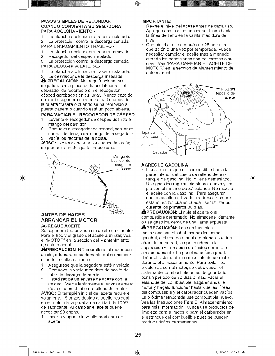 Agregue aceite, Importante, Agregue gasolina | Craftsman 917.388111 User Manual | Page 25 / 44