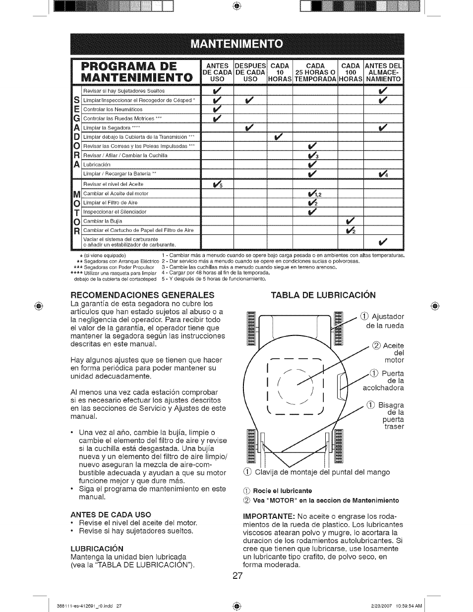 Mantenimento, Tabla de lubricación, Mantenimiento -29 | Mantenimiento, Recomendaciones generales | Craftsman 917.388111 User Manual | Page 27 / 44