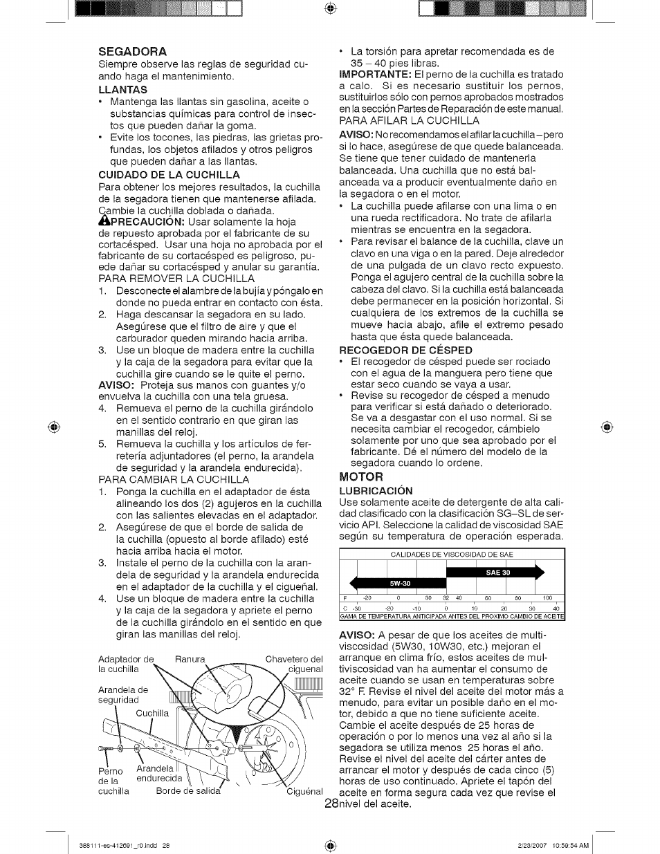 Segadora, Recogedor de césped, Motor | Lubricación | Craftsman 917.388111 User Manual | Page 28 / 44