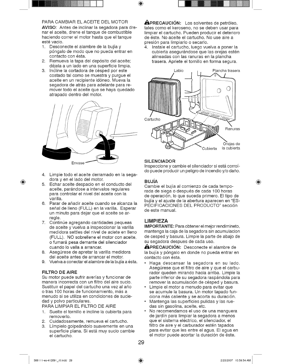 Filtro de aire, Silenciador, Bujía | Craftsman 917.388111 User Manual | Page 29 / 44