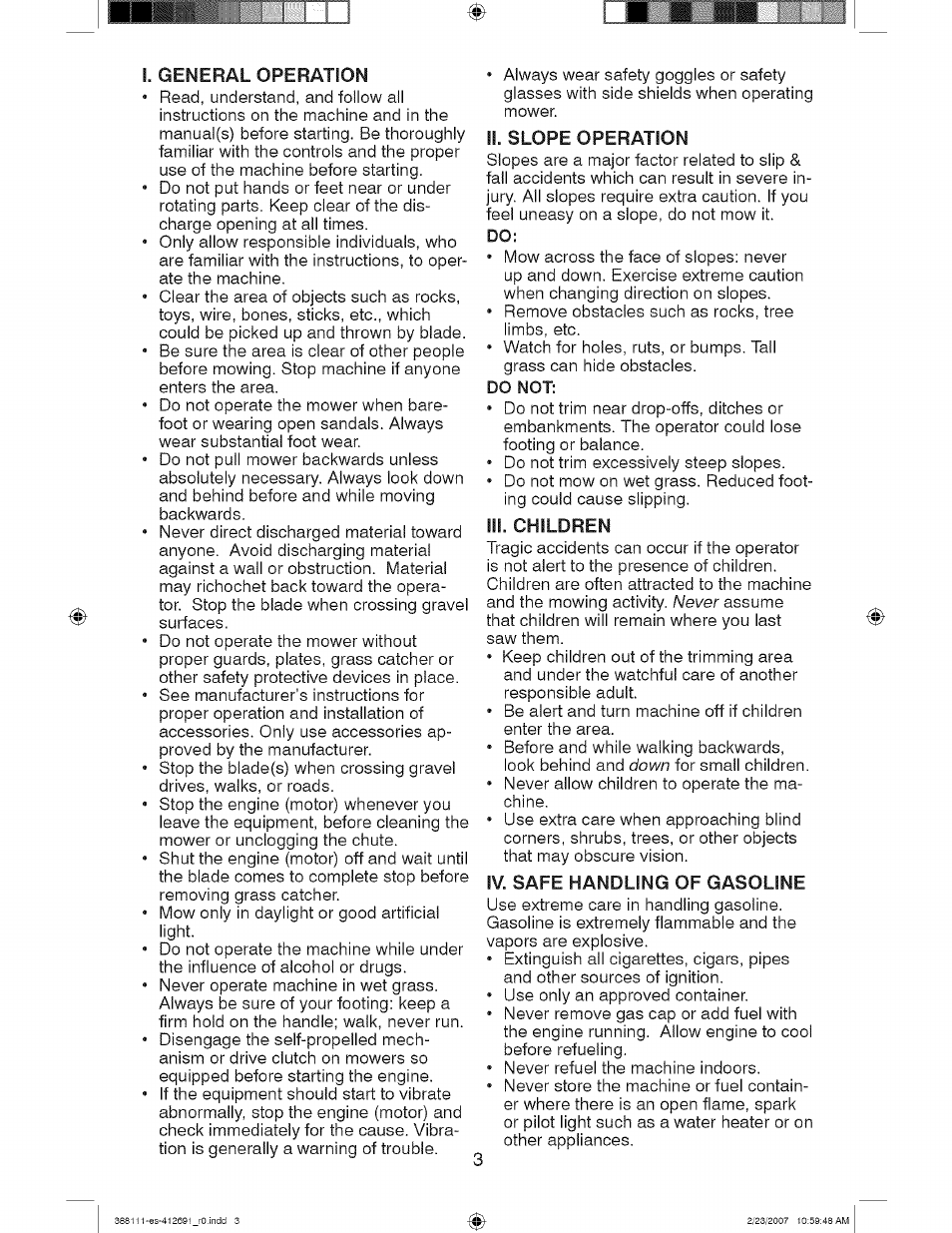 Ii. slope operation, Iii. children, Iv. safe handling of gasoline | Craftsman 917.388111 User Manual | Page 3 / 44